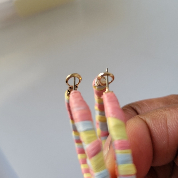 Colorful Hoop Earrings • Yellow, Salmon & Blue - Picture 5 of 5